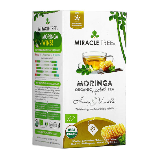 Organic Moringa Tea - Honey & Vanilla - Caffeine-Free Herbal Tea - Front of box