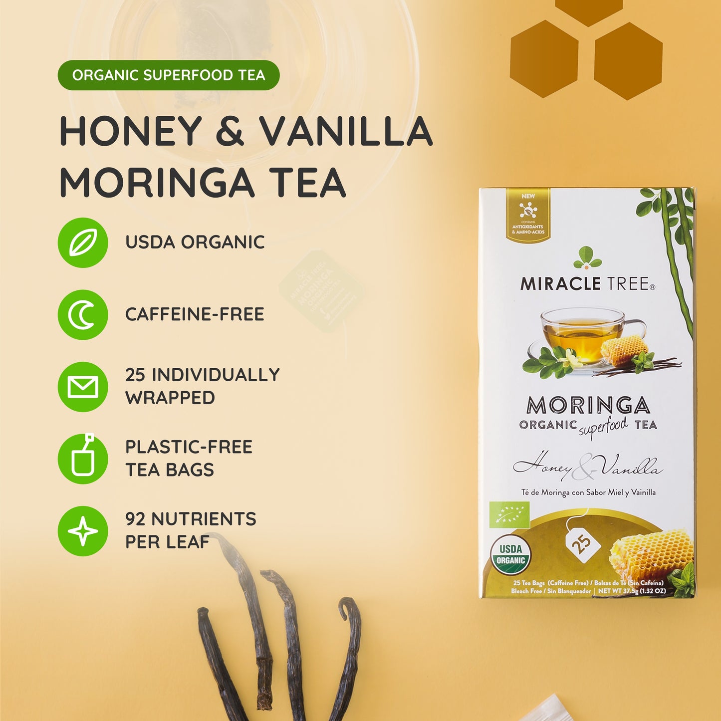 Organic Moringa Tea - Honey & Vanilla - Caffeine-Free Herbal Tea - At a glance