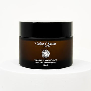 Timeless Organics Brightening Clay Mask with beet root, 50 ml amber jar, front view