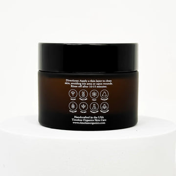 Back of the Timeless Organics Brightening Clay Mask jar with directions