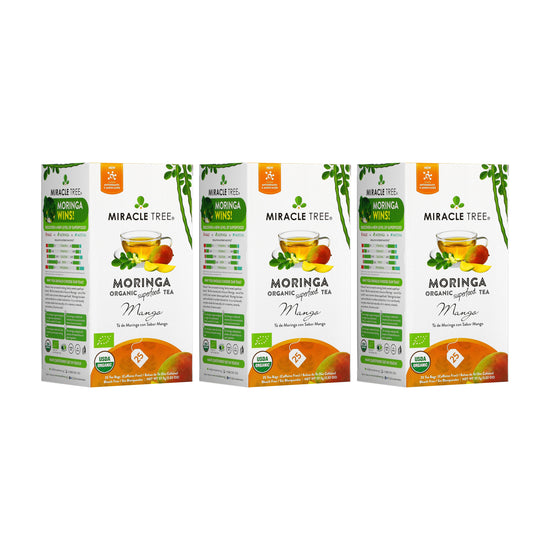 
                    
                      Organic Moringa Tea - Mango - Caffeine-Free Herbal Tea - Pack of 3 (75 tea bags) - Front of box
                    
                  