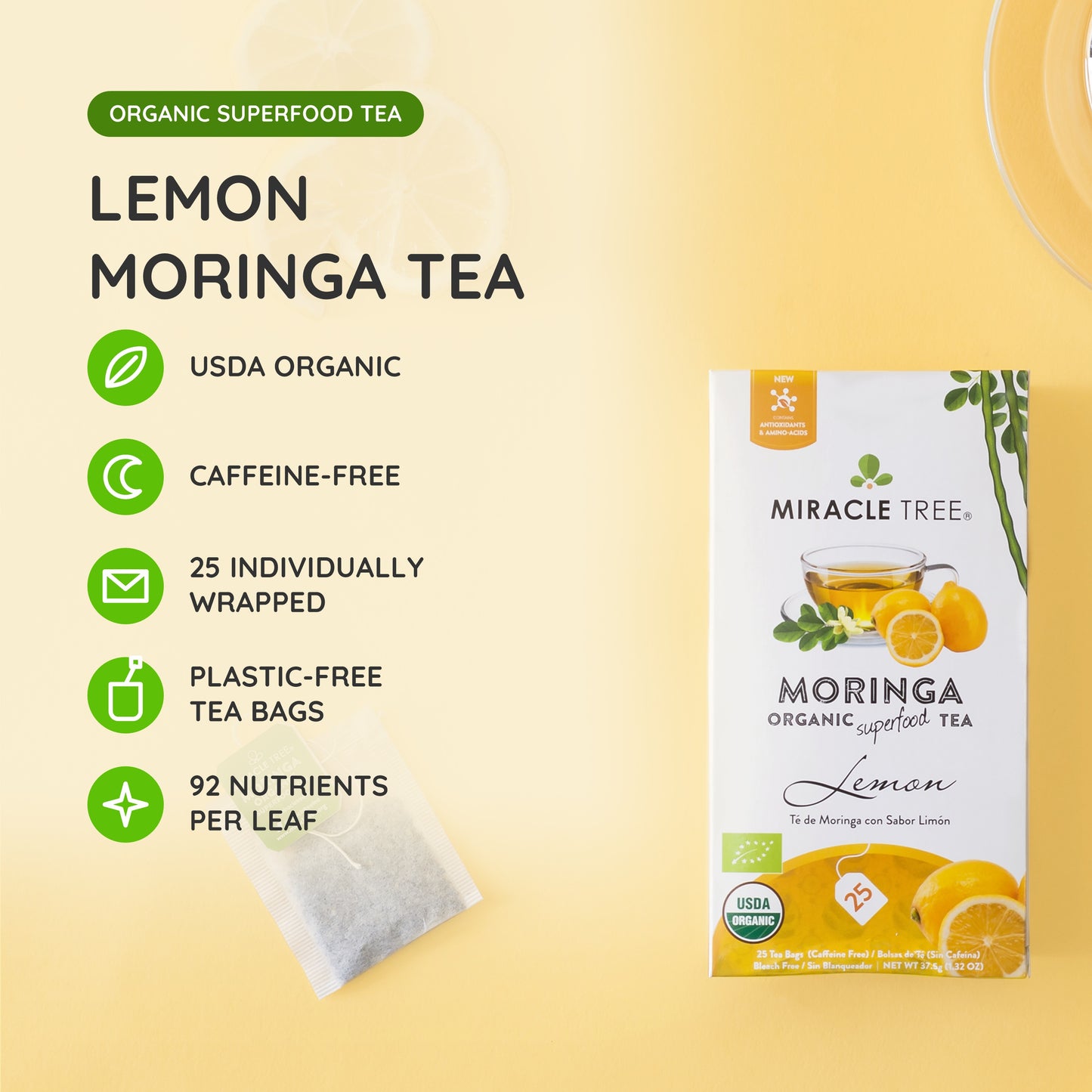 Organic Moringa Tea - Lemon - Caffeine-Free Herbal Tea - At a glance