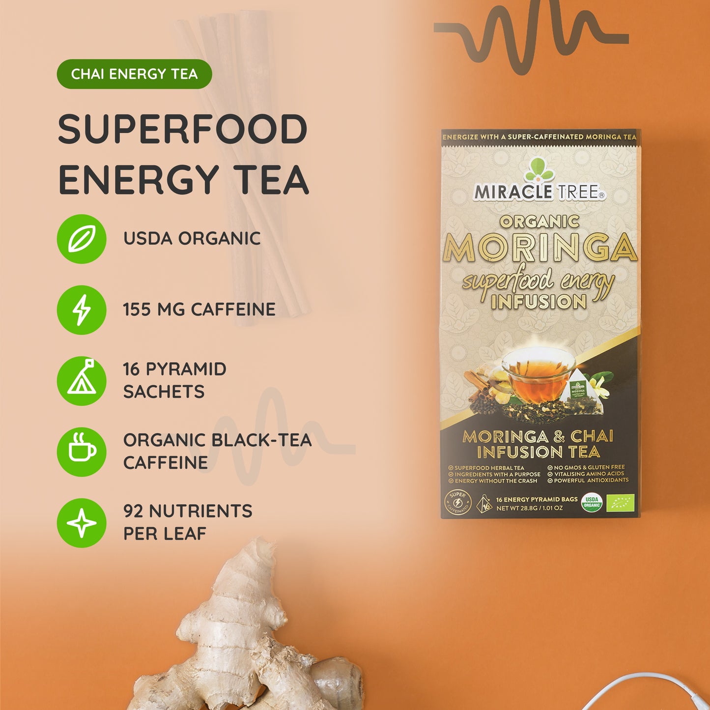 Organic Moringa Energy Tea - Chai Spice - Natural Coffee Alternative - At a glance