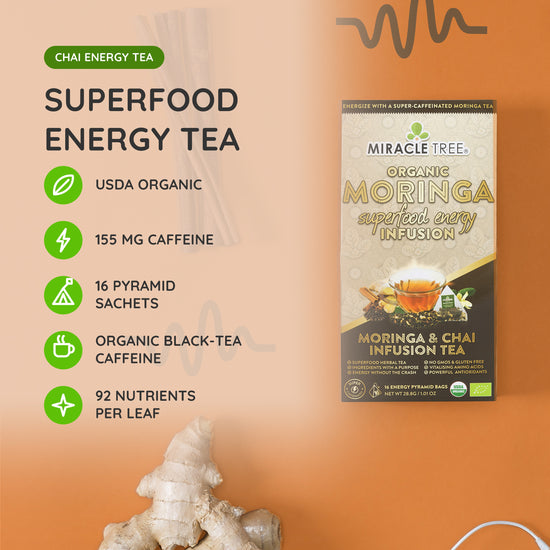 Organic Moringa Energy Tea - Chai Spice - Natural Coffee Alternative - At a glance