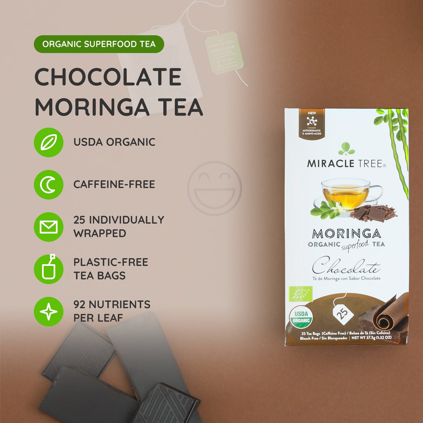 Organic Moringa Tea - Chocolate - Caffeine-Free Herbal Tea - At a glance