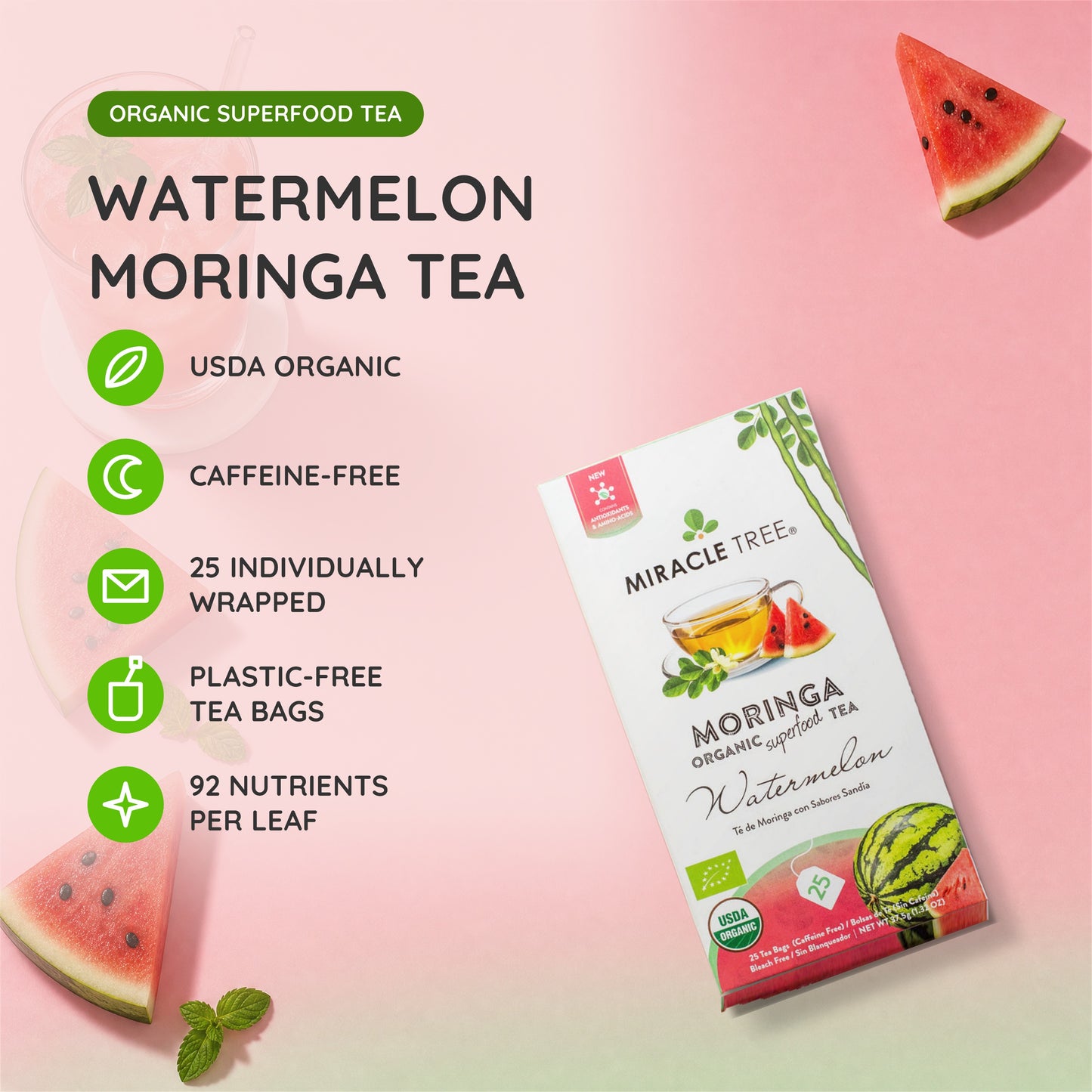 Organic Moringa Tea - Watermelon - Caffeine-Free Herbal Tea - At a glance