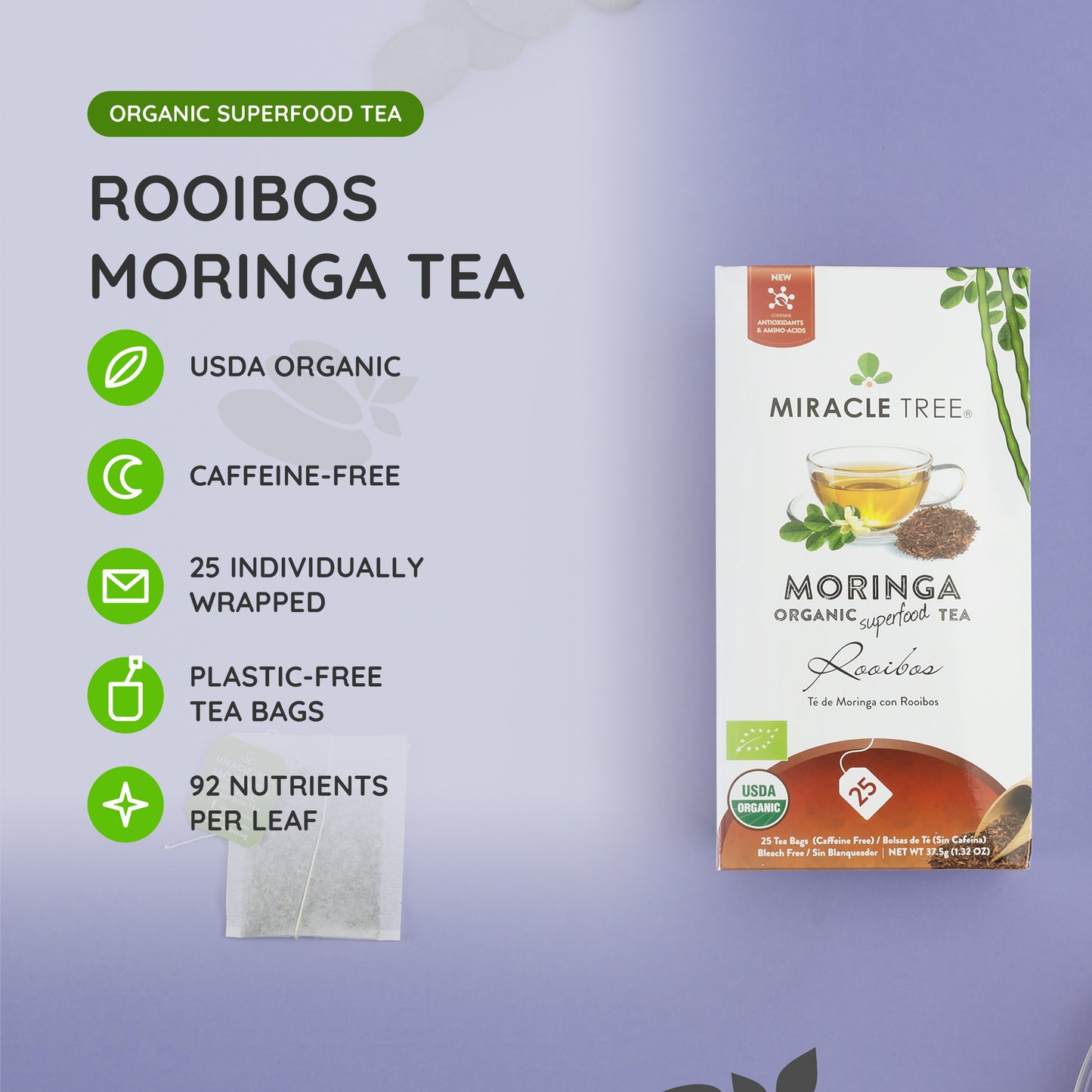 Organic Moringa Tea - Rooibos - Caffeine-Free Herbal Tea - At a glance