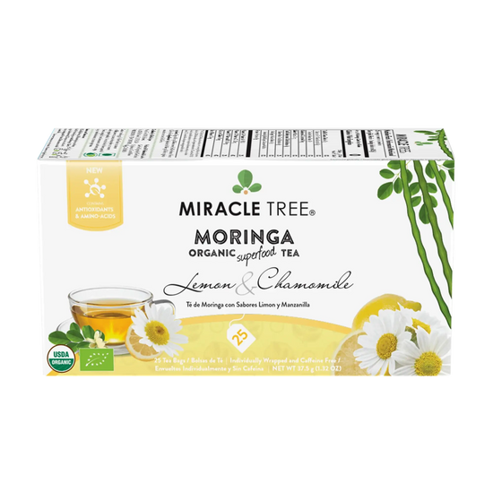 Organic Moringa Tea Bundle - Starter Set - 3 Flavors - Lemon & Chamomile box front, 25 caffeine-free tea bags