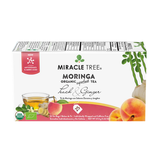 Organic Moringa Tea Bundle - Starter Set - 3 Flavors - Peach & Ginger box front, 25 caffeine-free tea bags