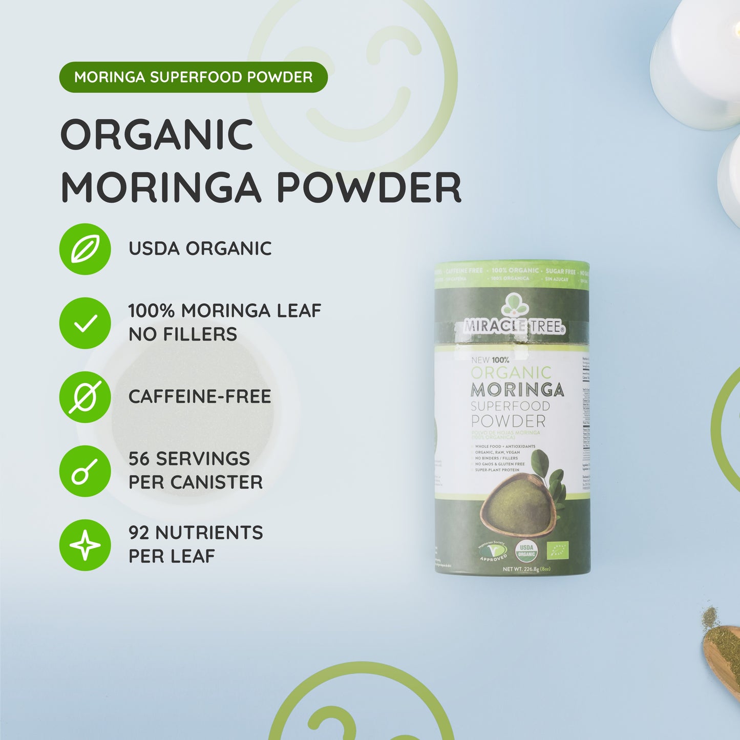 Organic Moringa Powder 8oz canister at a glance: 90+ nutrients, USDA Organic, one single ingredient