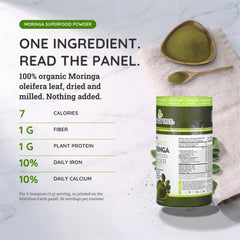 
                    
                      Inside the 8oz canister: fine-milled bright green organic moringa leaf powder
                    
                  