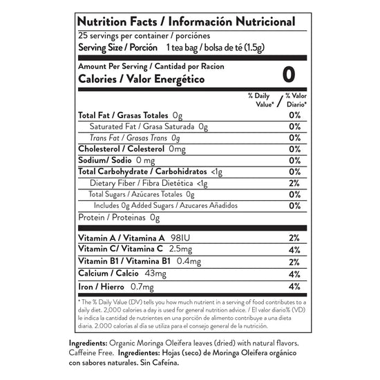 
                    
                      Organic Moringa Tea Bundle - Starter Set - 6 Flavors - Nutrition facts panel and ingredient list, in English and Spanish
                    
                  