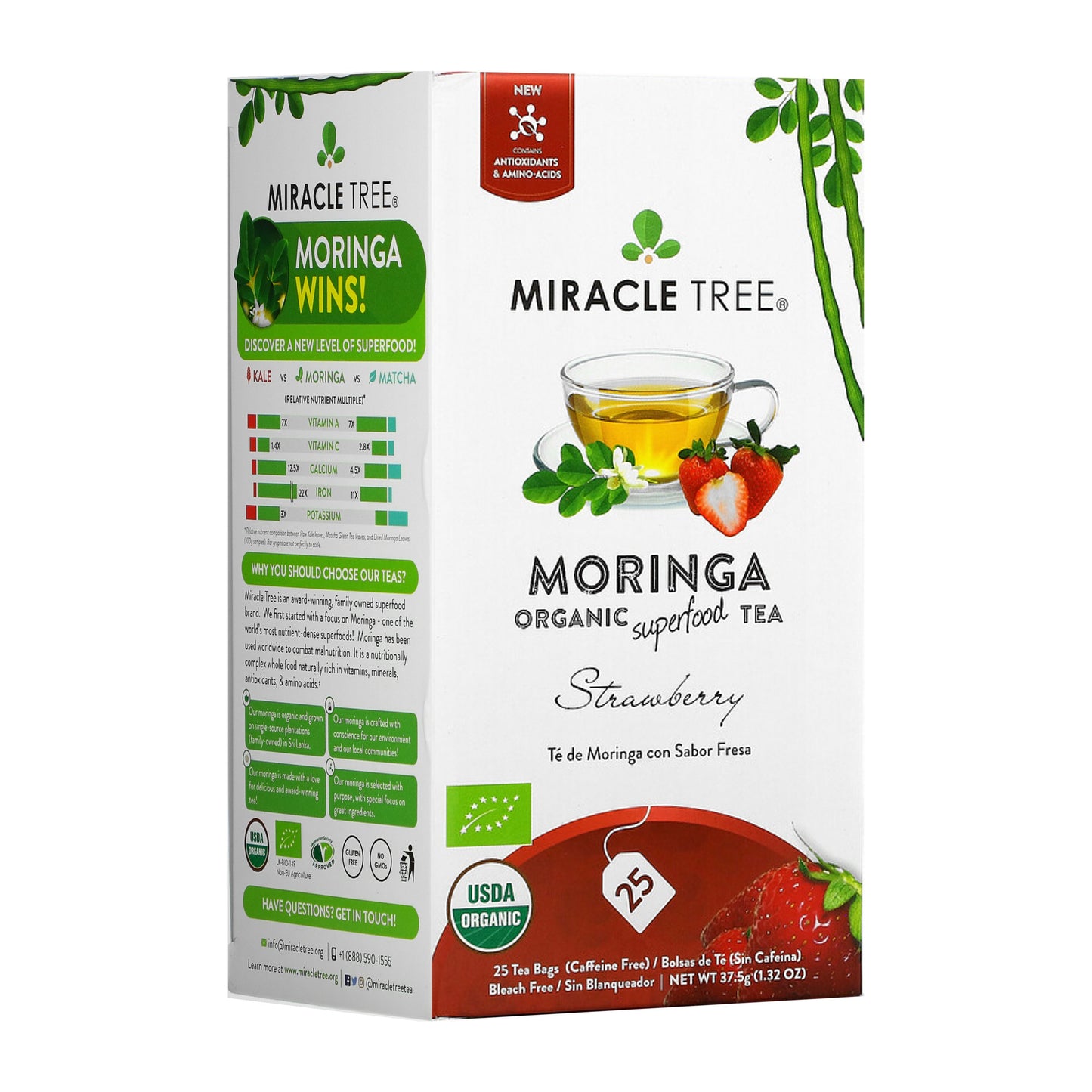 Organic Moringa Tea - Strawberry - Caffeine-Free Herbal Tea - Front of box