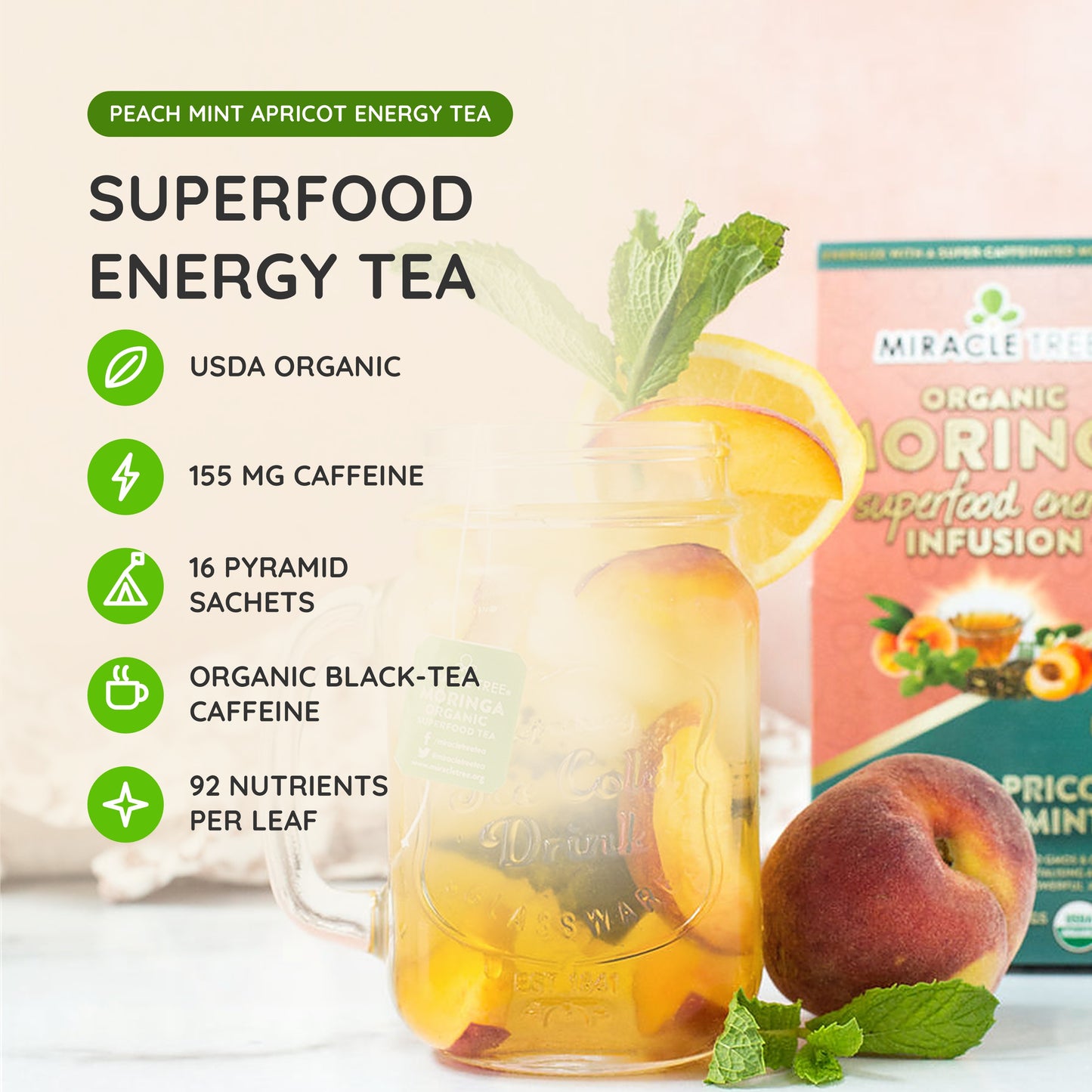 Organic Moringa Energy Tea - Peach Mint Apricot - Natural Coffee Alternative - At a glance