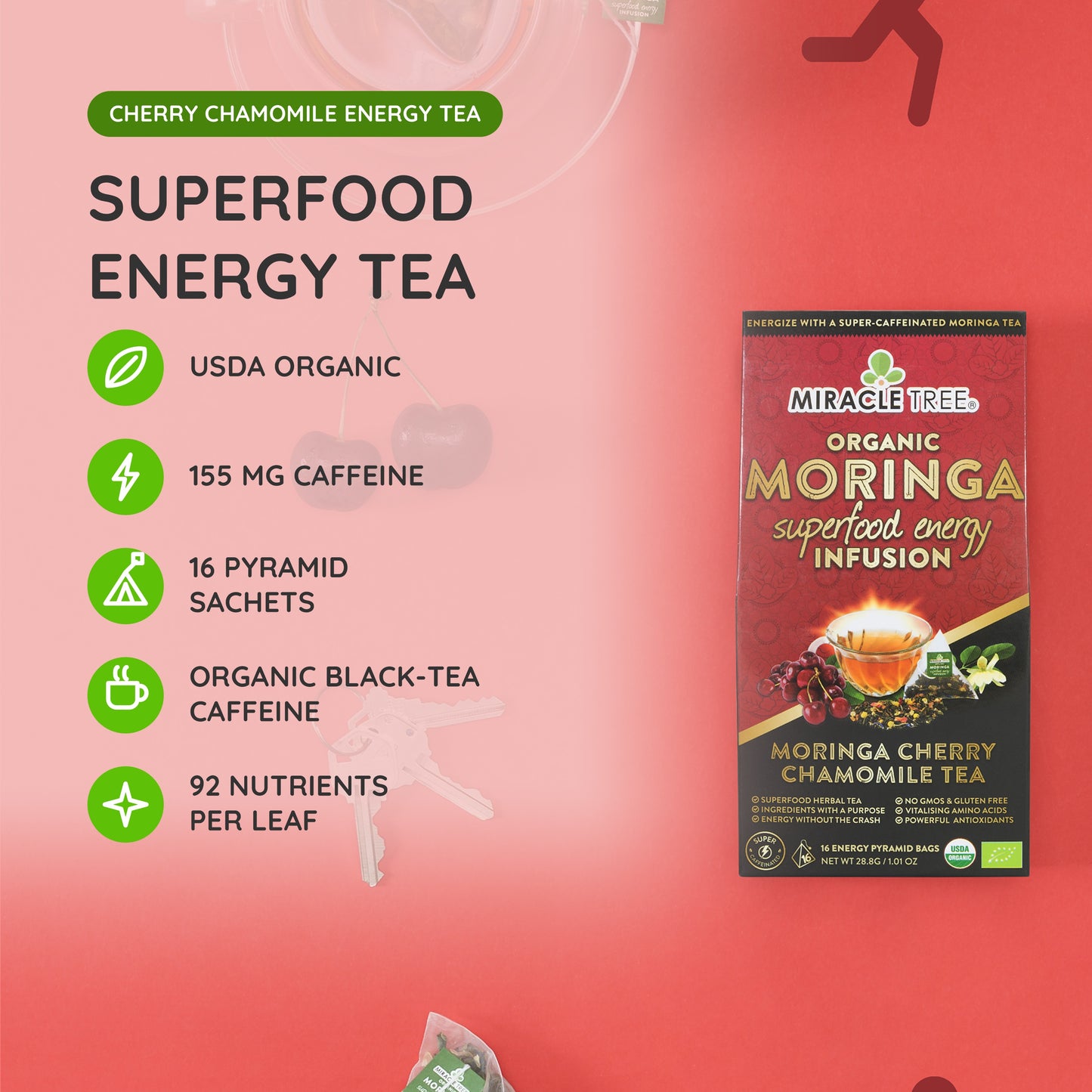 Organic Moringa Energy Tea - Cherry Chamomile - Natural Coffee Alternative - At a glance