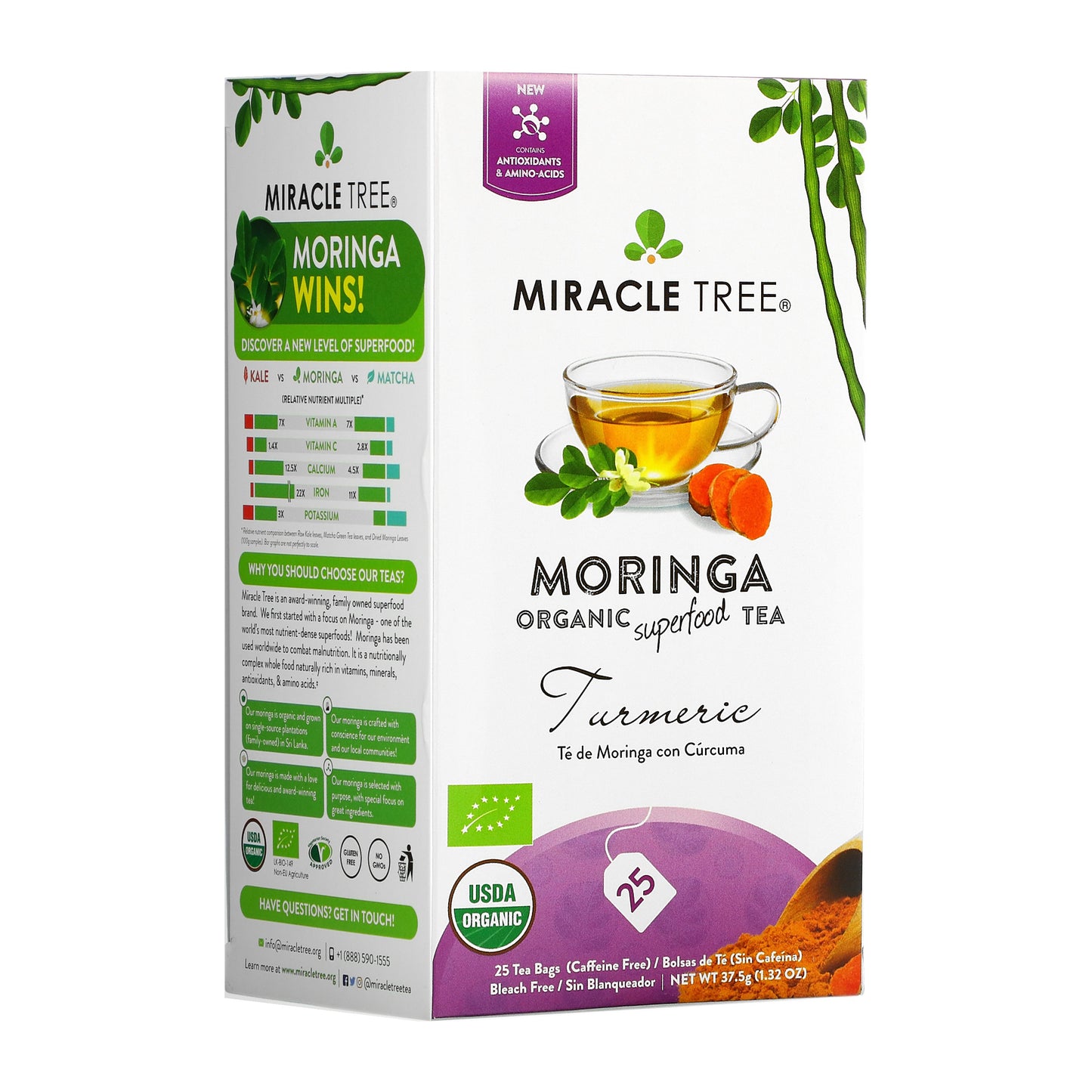 Organic Moringa Tea - Turmeric - Caffeine-Free Herbal Tea - Front of box