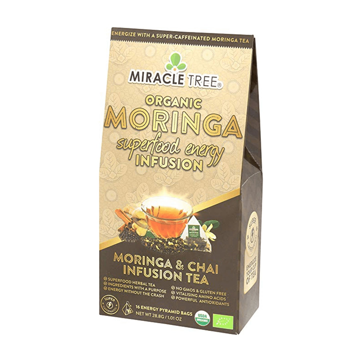 Organic Moringa Energy Tea - Chai Spice - Natural Coffee Alternative - Front of box