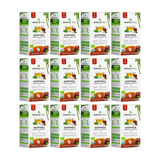 
                    
                      Organic Moringa Tea - Apple & Cinnamon - Caffeine-Free Herbal Tea - Pack of 12 (300 tea bags) - Front of box
                    
                  