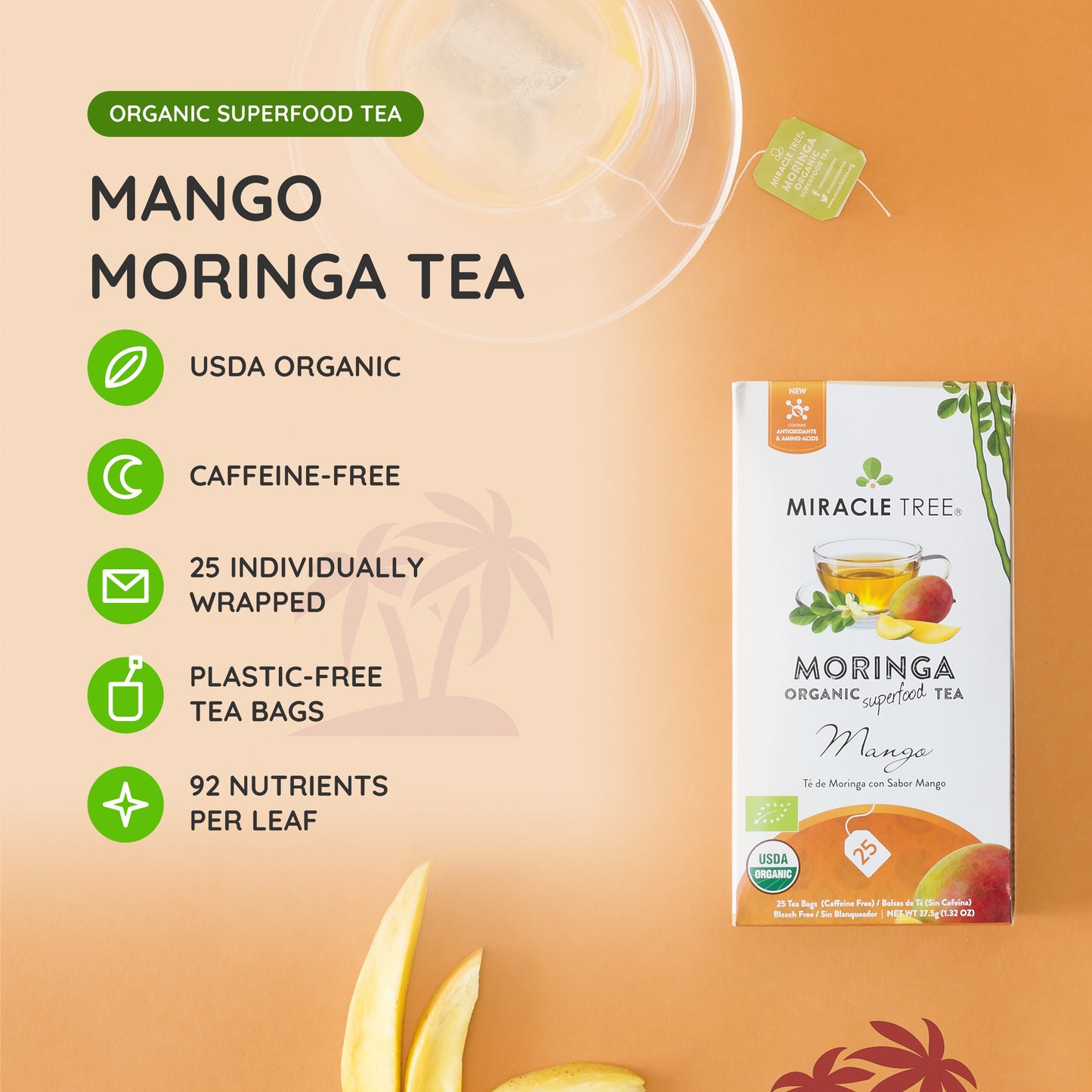 Organic Moringa Tea - Mango - Caffeine-Free Herbal Tea - At a glance