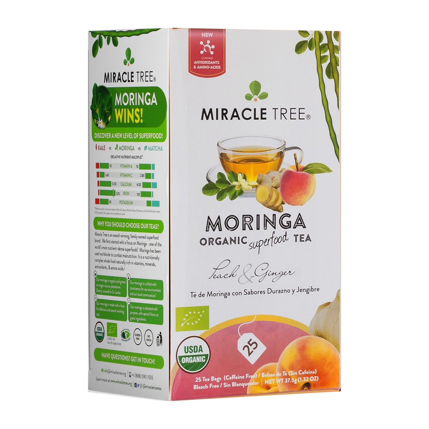 Organic Moringa Tea - Peach & Ginger - Caffeine-Free Herbal Tea - Front of box