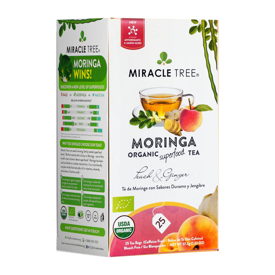 Organic Moringa Tea - Peach & Ginger - Caffeine-Free Herbal Tea - Front of box