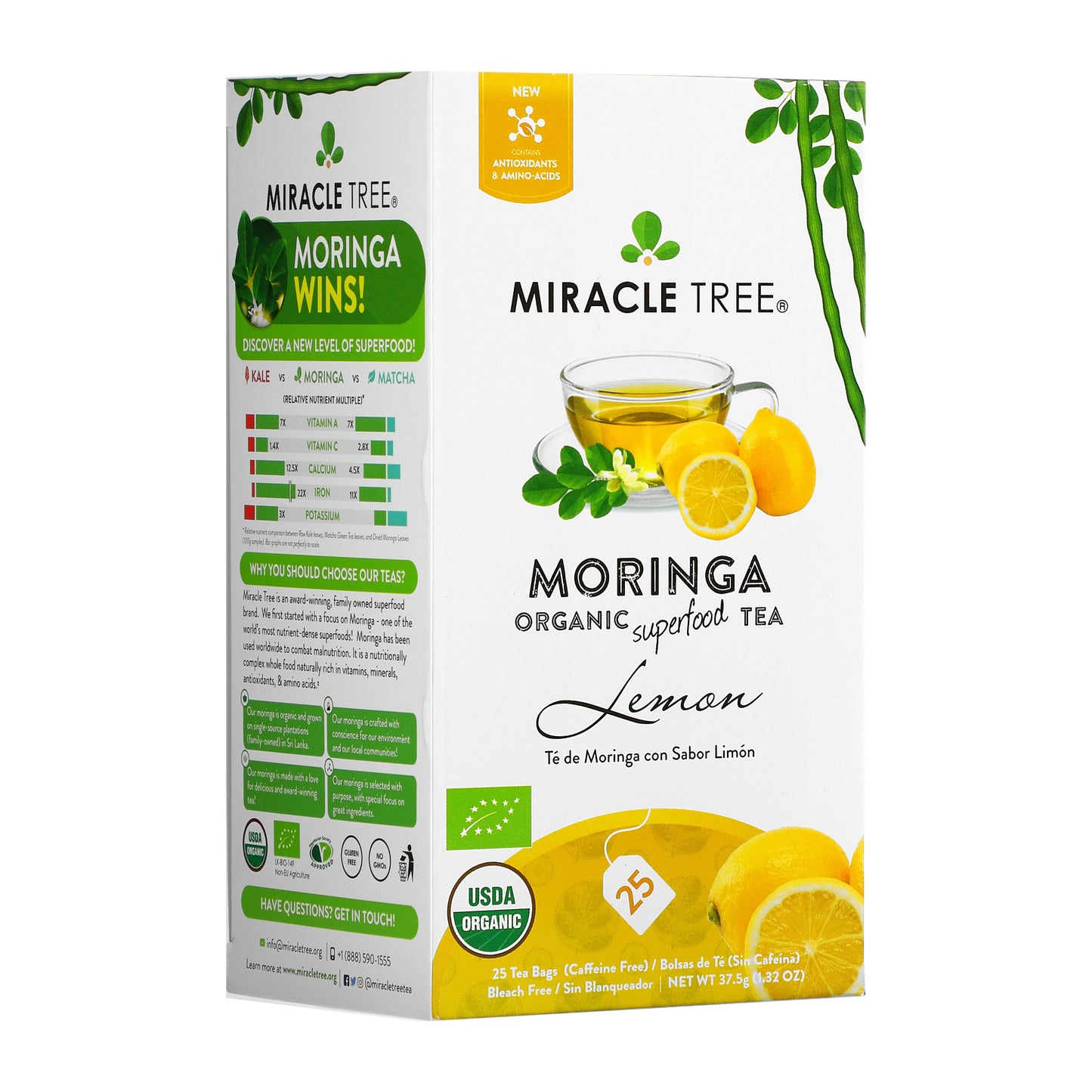 Organic Moringa Tea - Lemon - Caffeine-Free Herbal Tea - Front of box