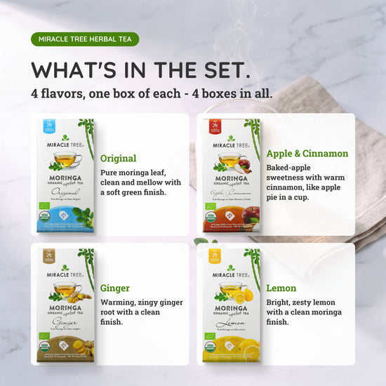 
                    
                      Organic Moringa Tea Bundle - Vitality Set - 4 Flavors - What's in the set
                    
                  