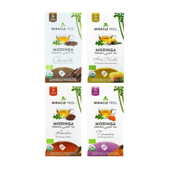 Organic Moringa Tea Bundle - Tranquility Set - 4 Flavors - Front of box