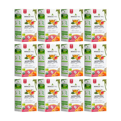
                    
                      Biologische Moringa Thee - Perzik & Gember - Cafeïnevrij - Set van 12 (300 theezakjes) - Voorkant van de doos
                    
                  