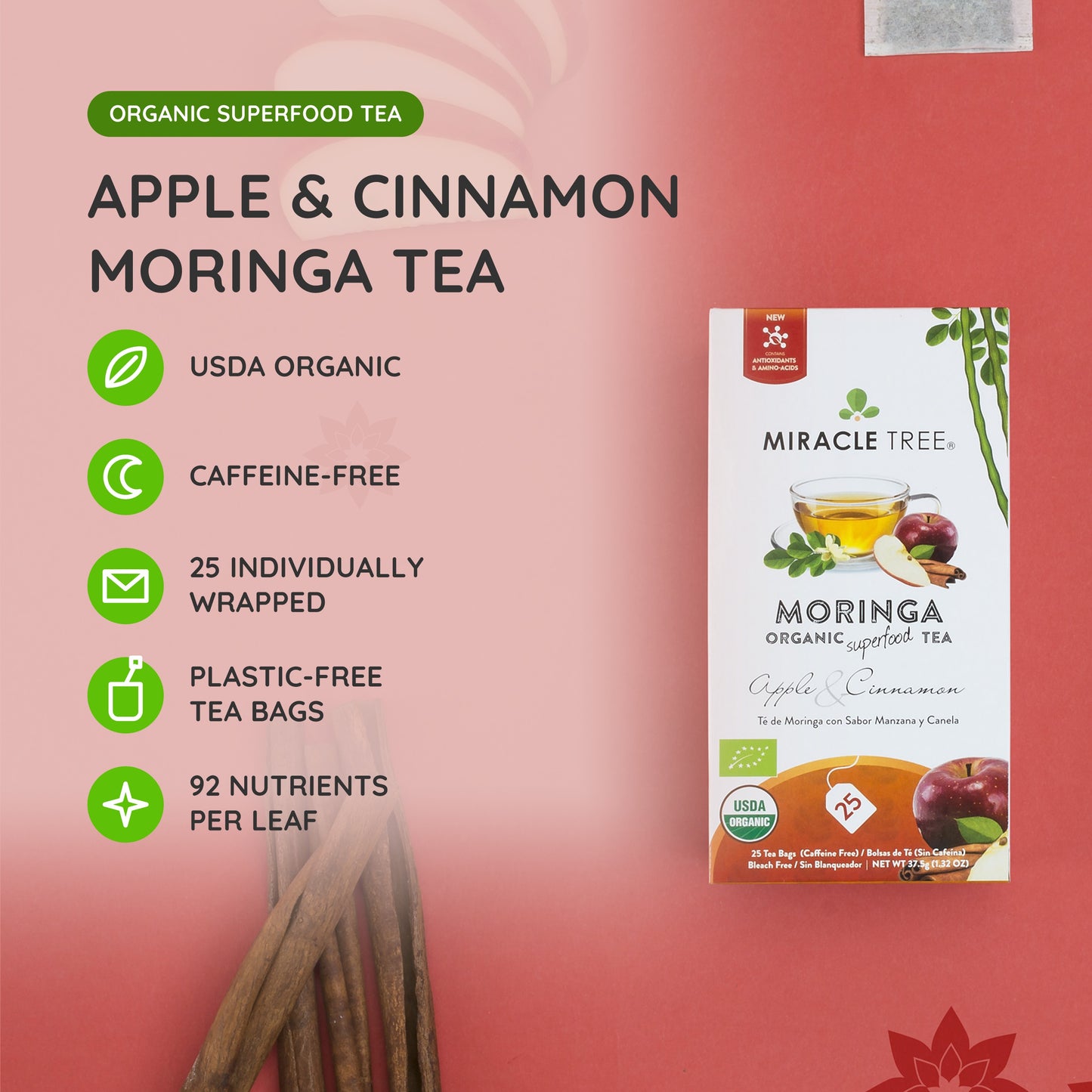 Organic Moringa Tea - Apple & Cinnamon - Caffeine-Free Herbal Tea - At a glance