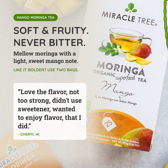 
                    
                      Mango moringa tea - soft and fruity, never bitter. Mellow moringa with a light, sweet mango note.
                    
                  