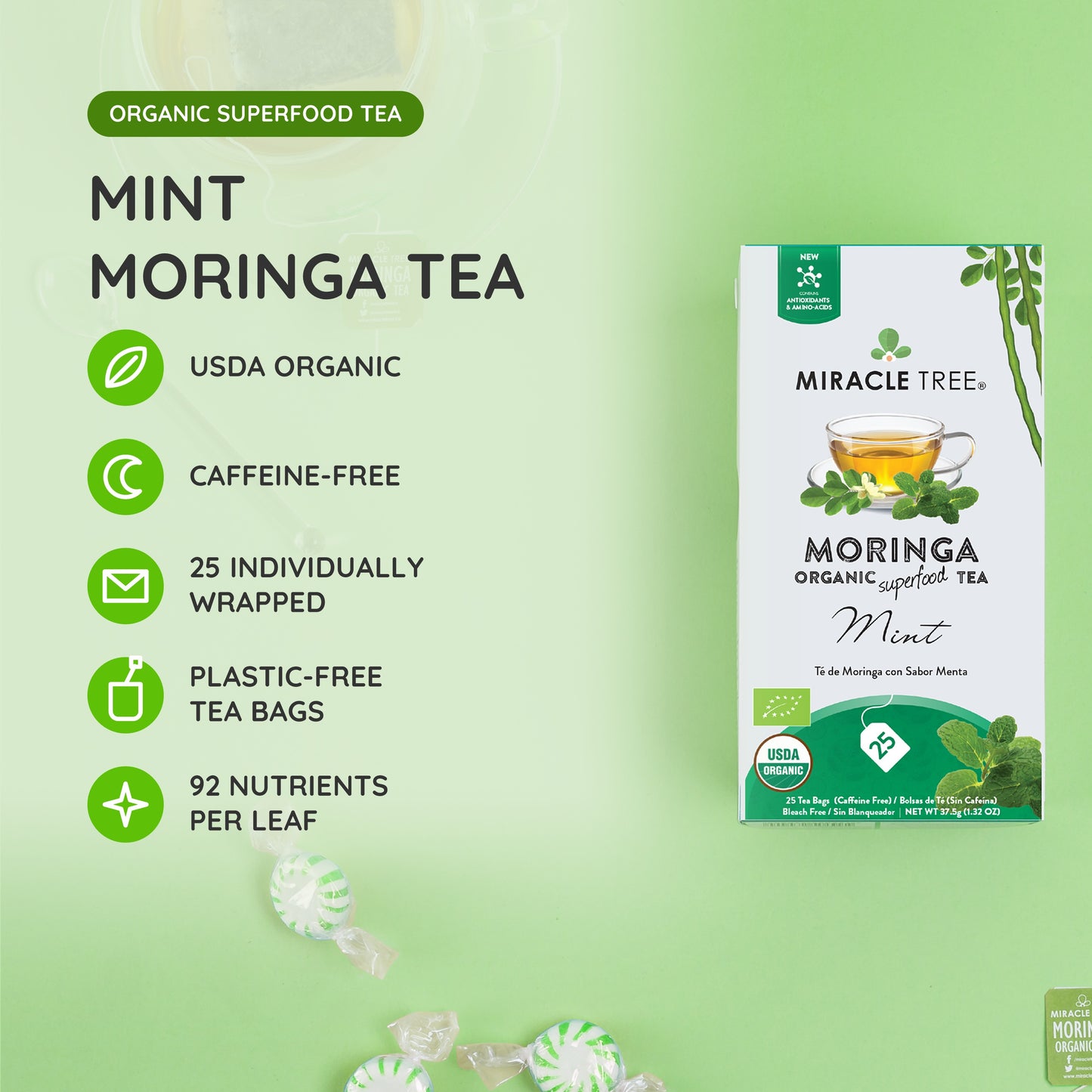 Organic Moringa Tea - Mint - Caffeine-Free Herbal Tea - At a glance