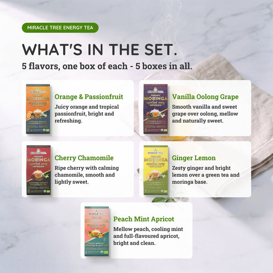 
                    
                      Organic Moringa Energy Tea Bundle - Starter Set - 5 Flavors - What's in the set
                    
                  