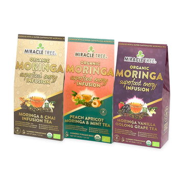 Organic Moringa Energy Tea Bundle - Mighty Set - 3 Flavors - Front of box