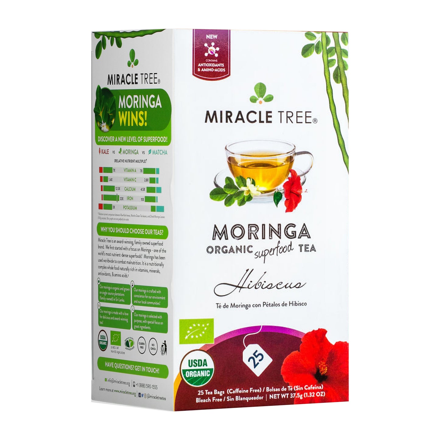 Organic Moringa Tea - Hibiscus - Caffeine-Free Herbal Tea - Front of box