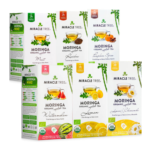 Organic Moringa Tea Bundle - Starter Set - 6 Flavors - Front of box