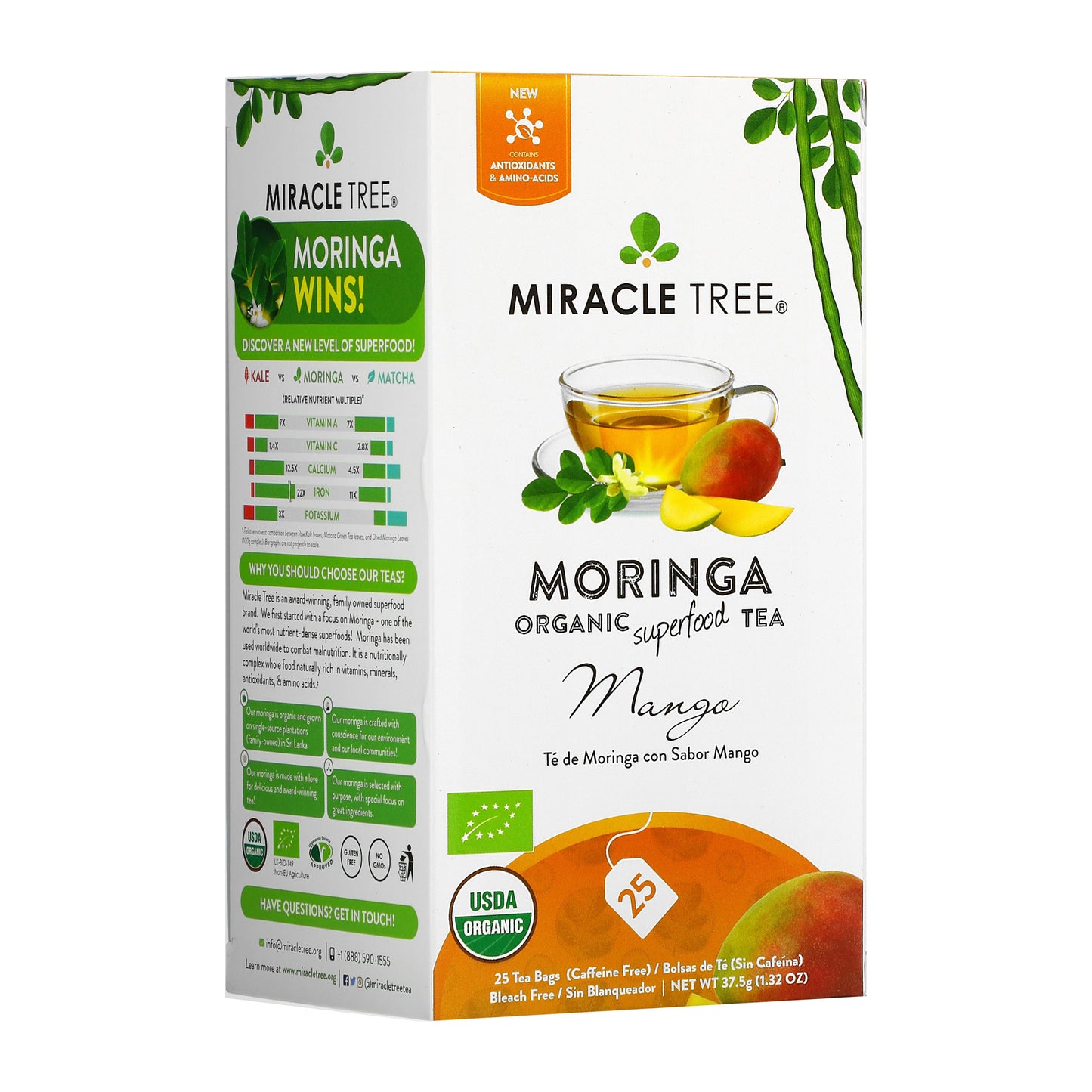 Organic Moringa Tea - Mango - Caffeine-Free Herbal Tea - Front of box