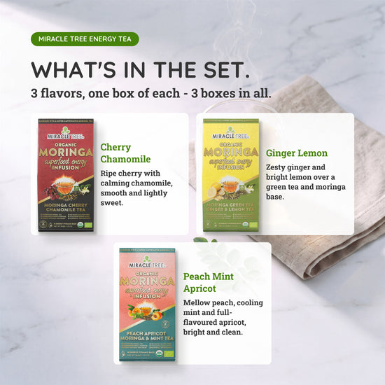 
                    
                      Organic Moringa Energy Tea Bundle - Spark Set - 3 Flavors - What's in the set
                    
                  