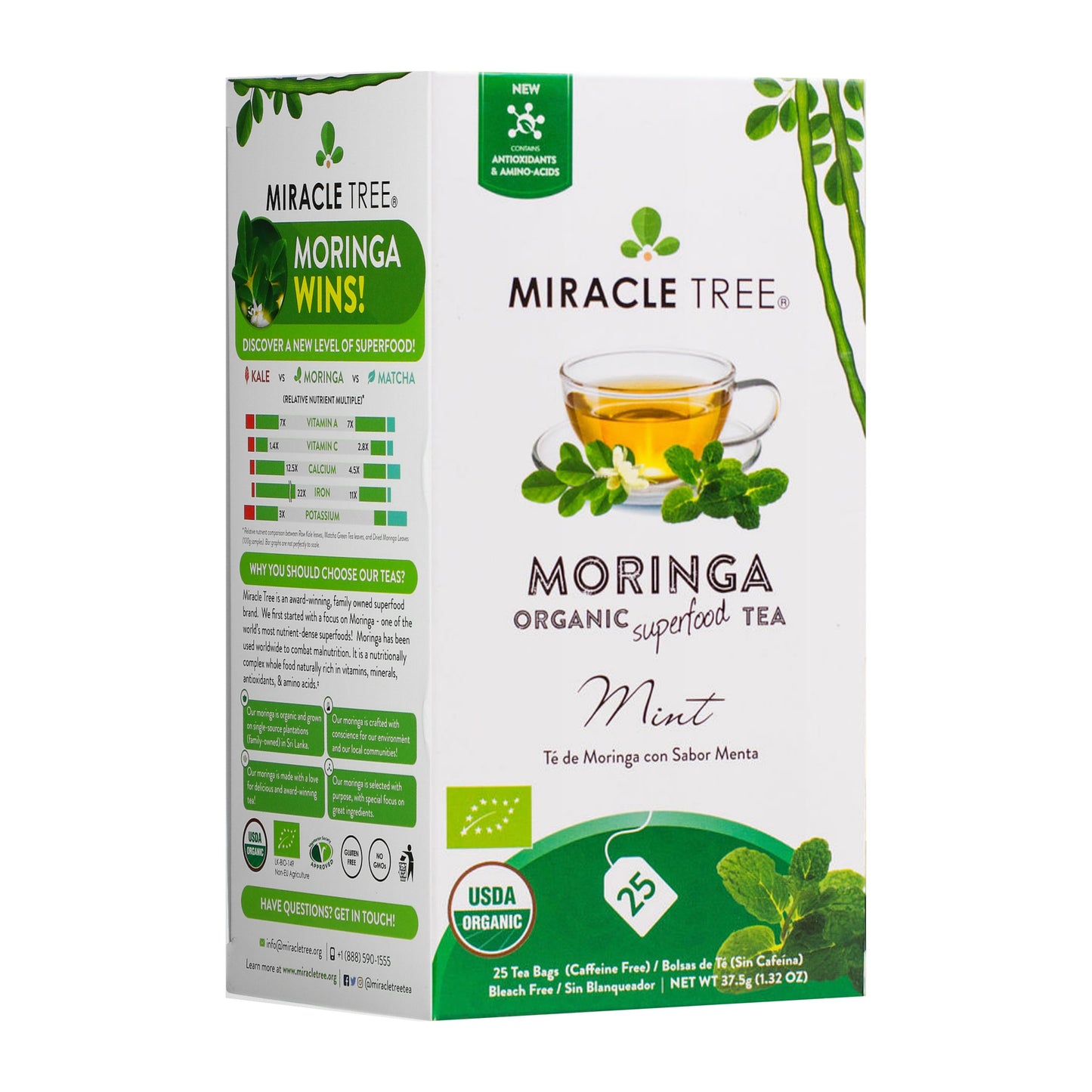 Organic Moringa Tea - Mint - Caffeine-Free Herbal Tea - Front of box