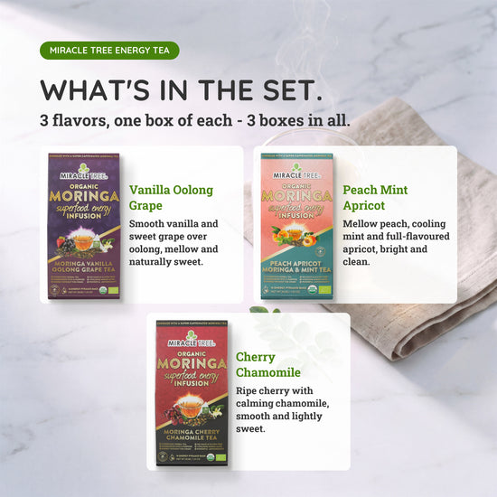 
                    
                      Organic Moringa Energy Tea Bundle - Verve Set - 3 Flavors - What's in the set
                    
                  