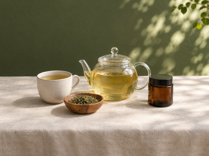 Glass teapot, cup of moringa tea and a bowl of dried leaves on a linen table