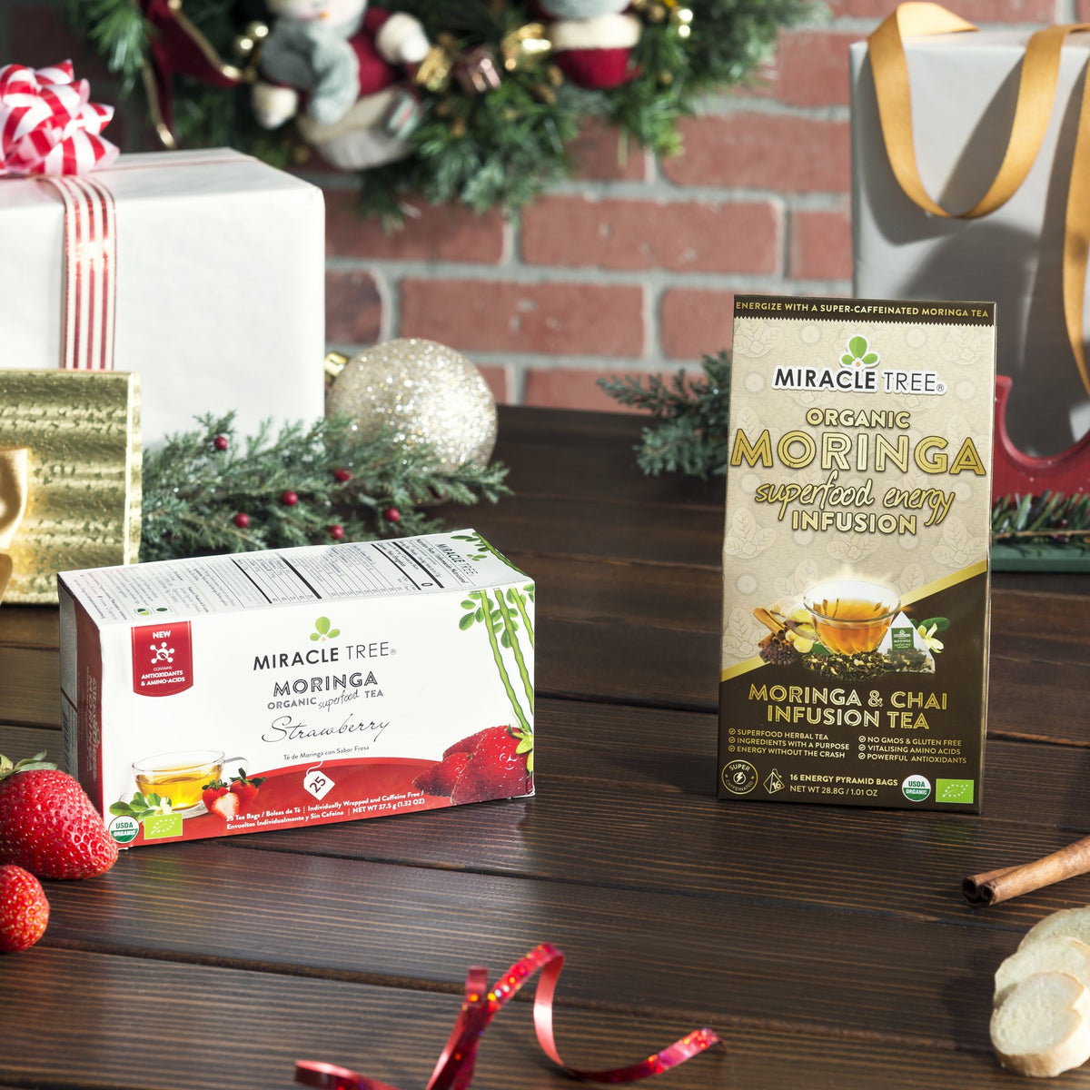 Miracle Tree Strawberry moringa tea and Energy Chai with holiday gifts