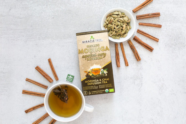 Chai moringa energy tea box with spices and a cup of tea.