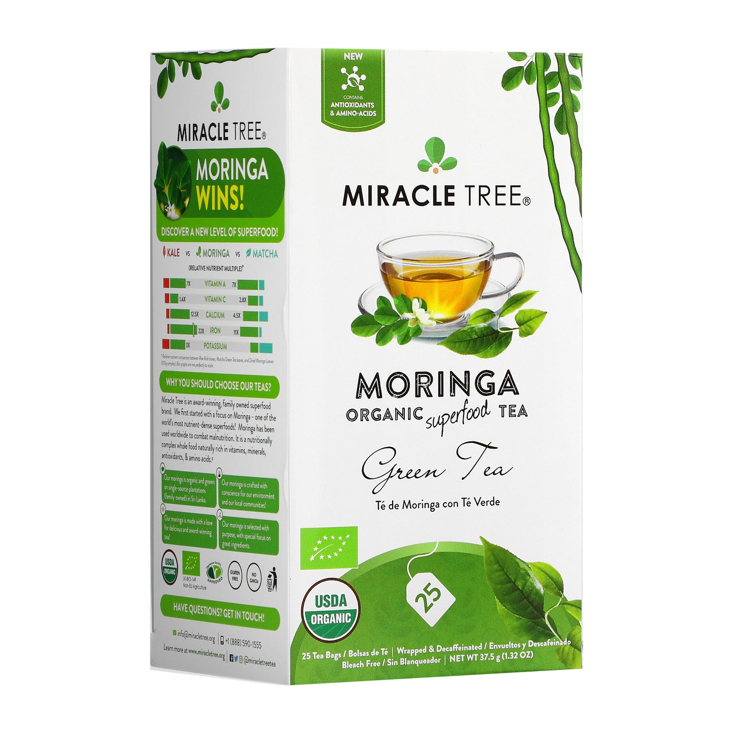 Organic Moringa Tea - Green Tea - Decaffeinated Herbal Tea - Front of box