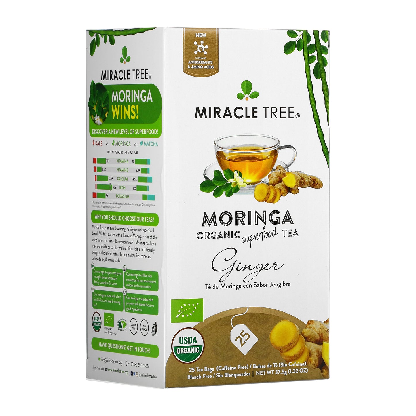 Organic Moringa Tea - Ginger - Caffeine-Free Herbal Tea - Front of box