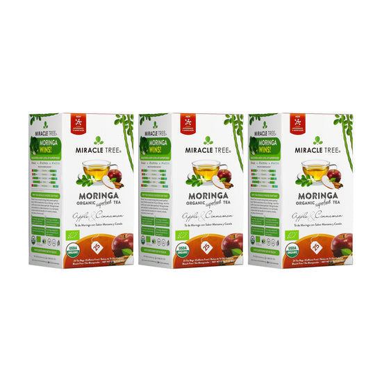 
                    
                      Organic Moringa Tea - Apple & Cinnamon - Caffeine-Free Herbal Tea - Pack of 3 (75 tea bags) - Front of box
                    
                  