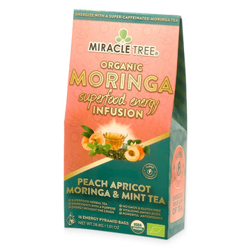 Organic Moringa Energy Tea - Peach Mint Apricot - Natural Coffee Alternative - Front of box