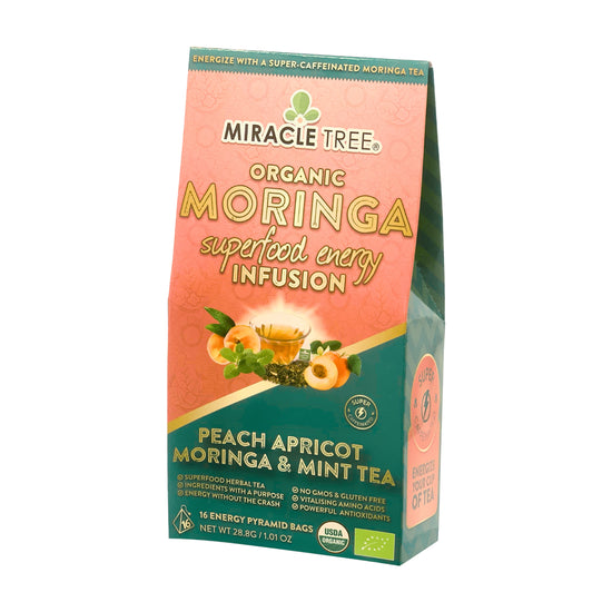 Organic Moringa Energy Tea - Peach Mint Apricot - Natural Coffee Alternative - Front of box