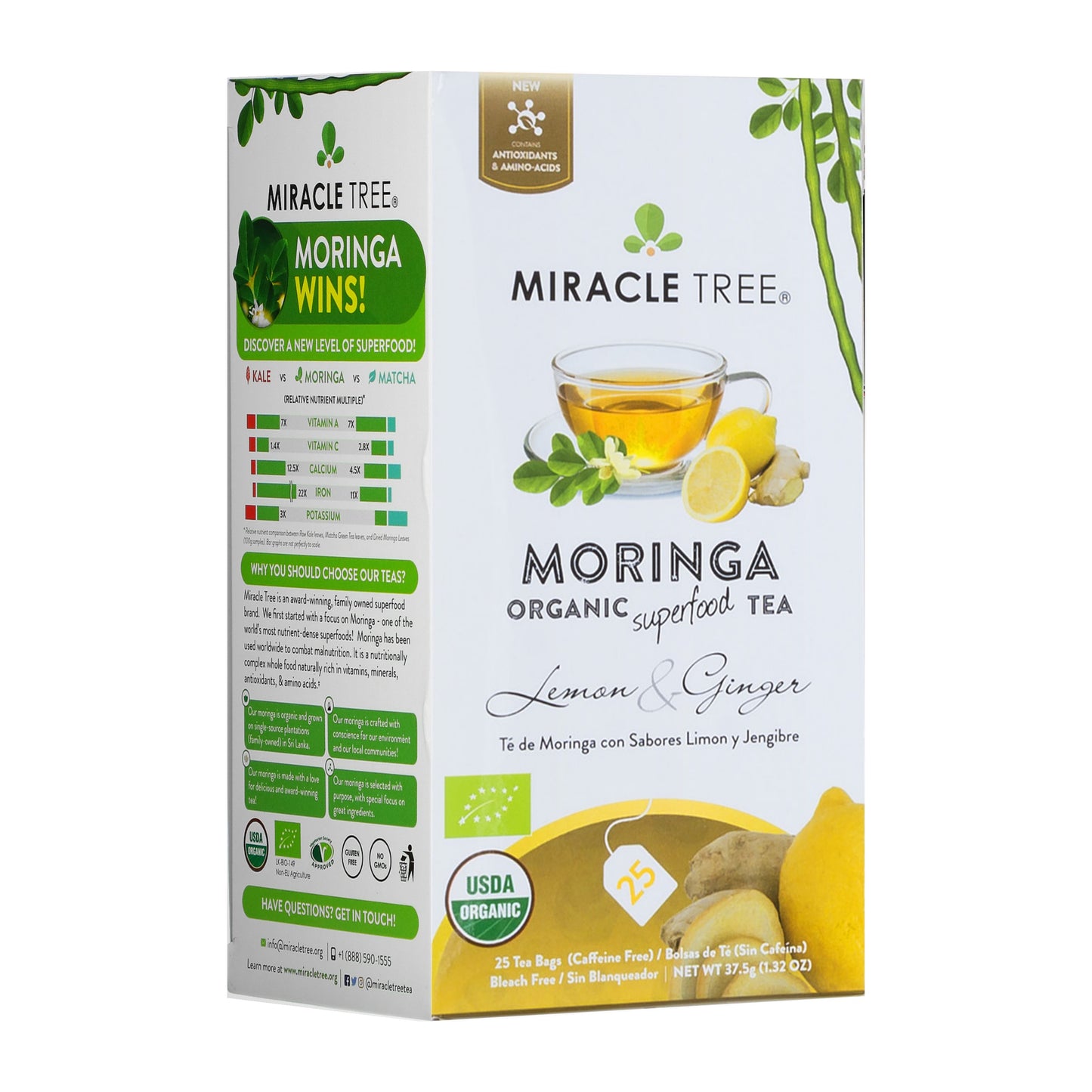 Organic Moringa Tea - Lemon & Ginger - Caffeine-Free Herbal Tea - Front of box