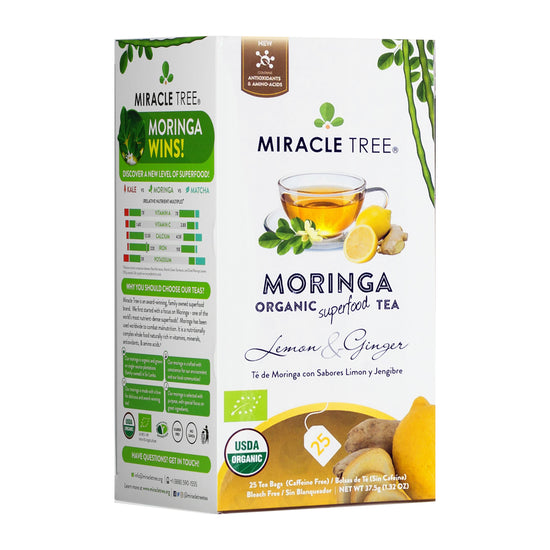 Organic Moringa Tea - Lemon & Ginger - Caffeine-Free Herbal Tea - Front of box